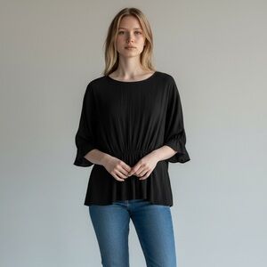 OAK + FORT Black Peplum Cinched Blouse Office Work